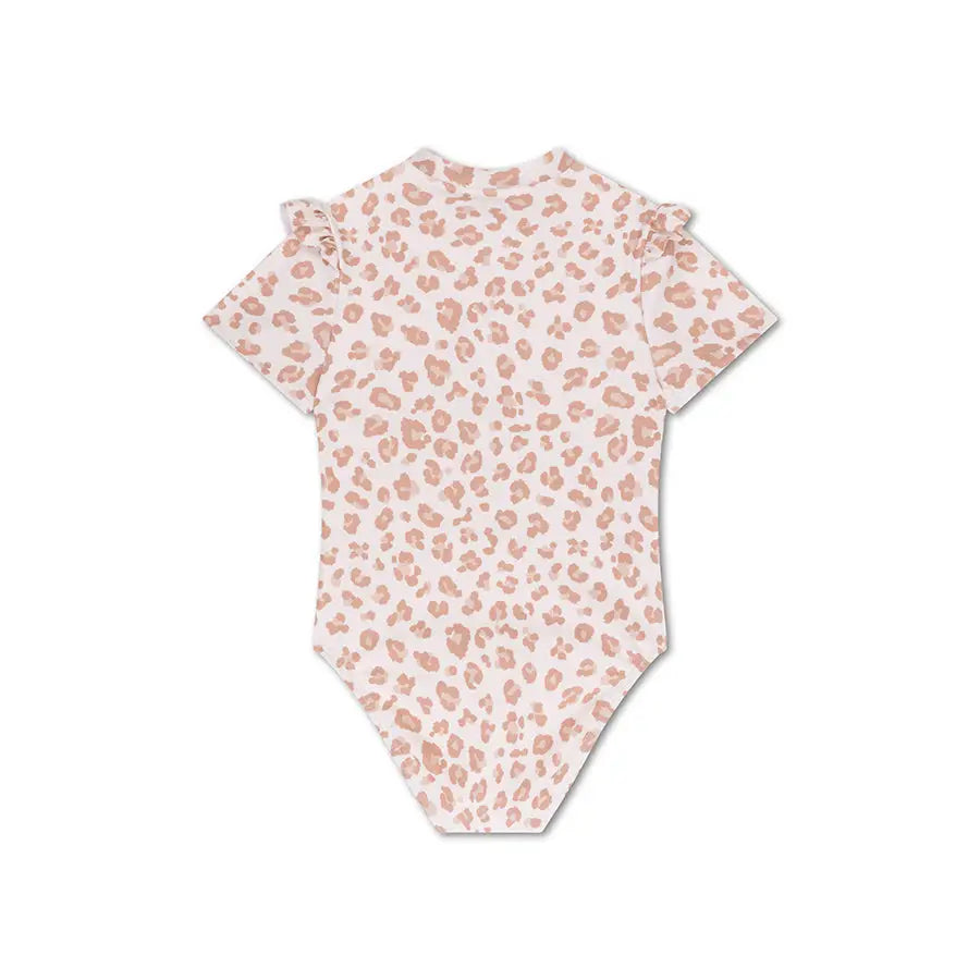 Beige Girls UV Swimsuit with Short Sleeves
