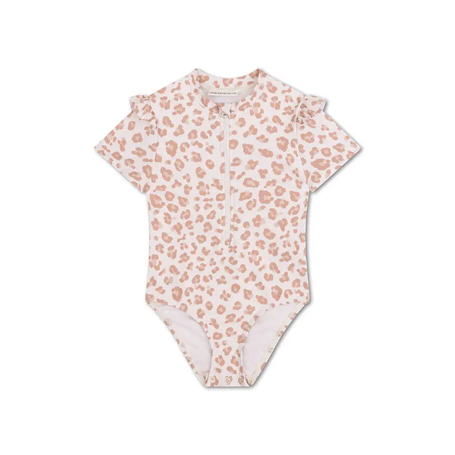 Beige Girls UV Swimsuit with Short Sleeves