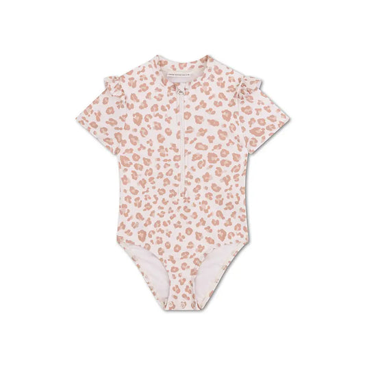 Beige Girls UV Swimsuit with Short Sleeves