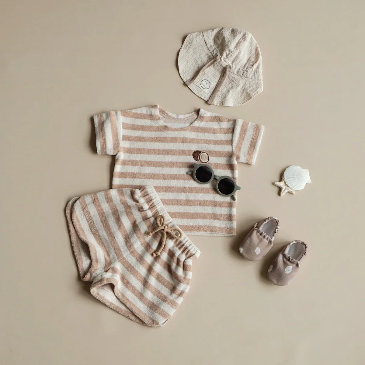 Organic Terry Shorts - Latte Striped