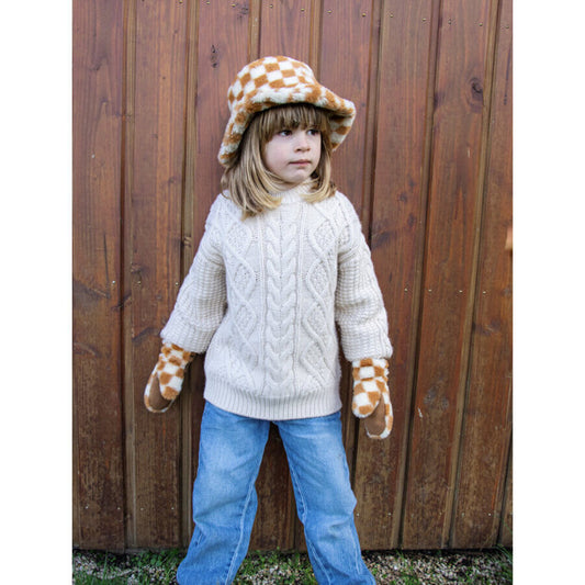 Toffee Check Furry Mittens 3-6 Years