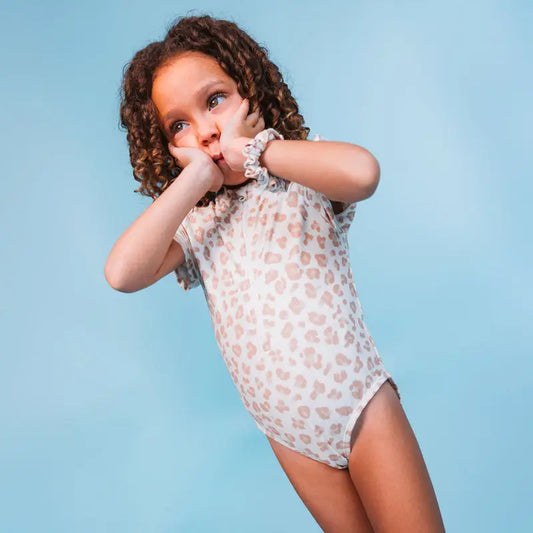 Beige Girls UV Swimsuit with Short Sleeves
