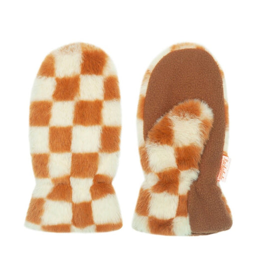 Toffee Check Furry Mittens 3-6 Years