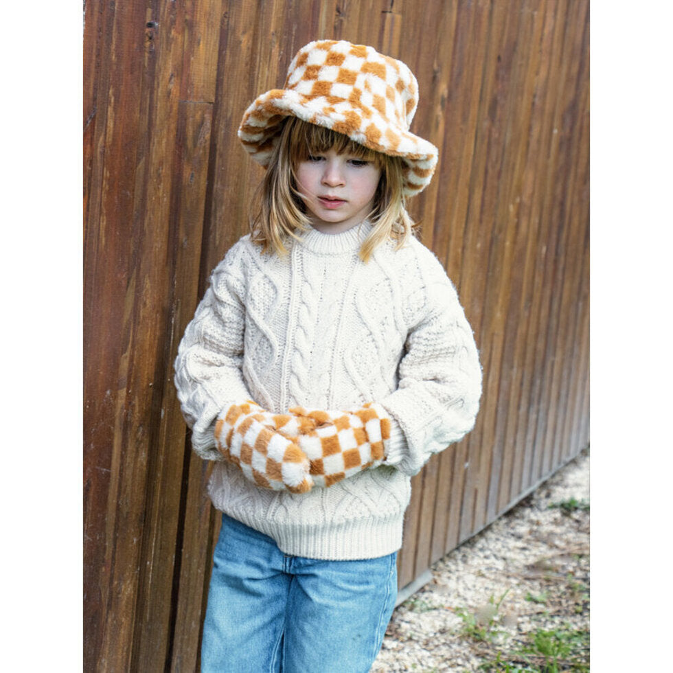 Toffee Check Furry Mittens 3-6 Years