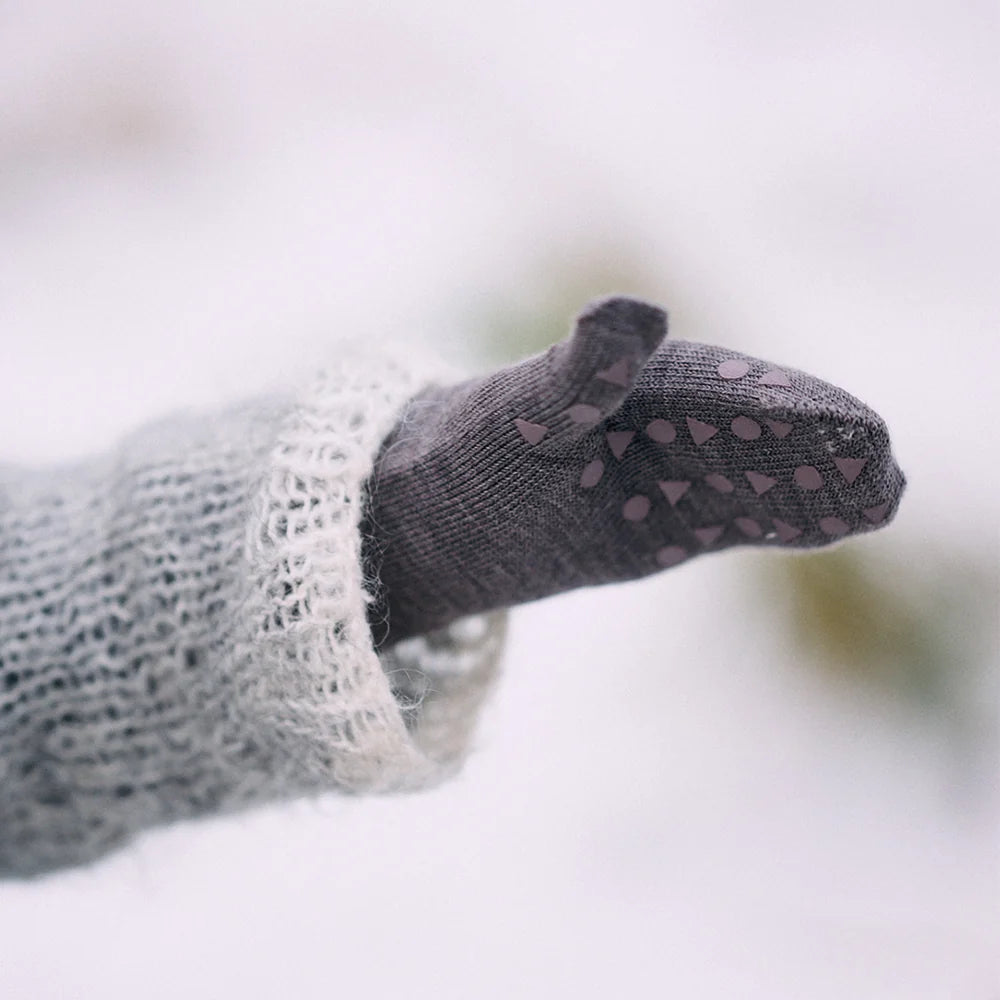 Non-slip merino wool mittens 0-3Y Brown melange